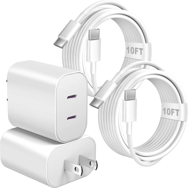 Dual Port USB-C Charger with Long Cable
